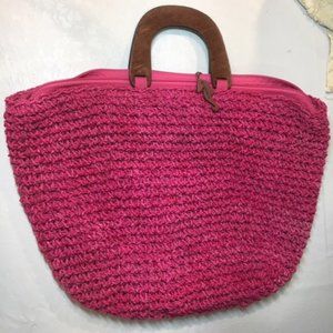 Liz Claiborne Pink Corn Husk Weave Wooden Handle Handbag Tote Large